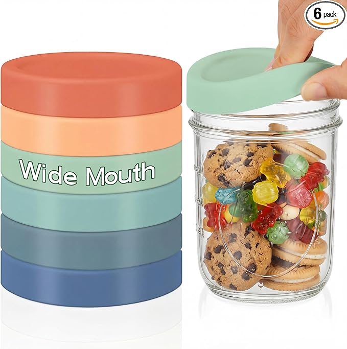 Teenyyou 6 Pcs Silicone Wide Mouth Lids Mason Jar Lids Thickened Leak Proof Lid for 86 mm All Wide Mouth Mason Jars, Reusable Large Canning Jar Caps(Vintage Color)