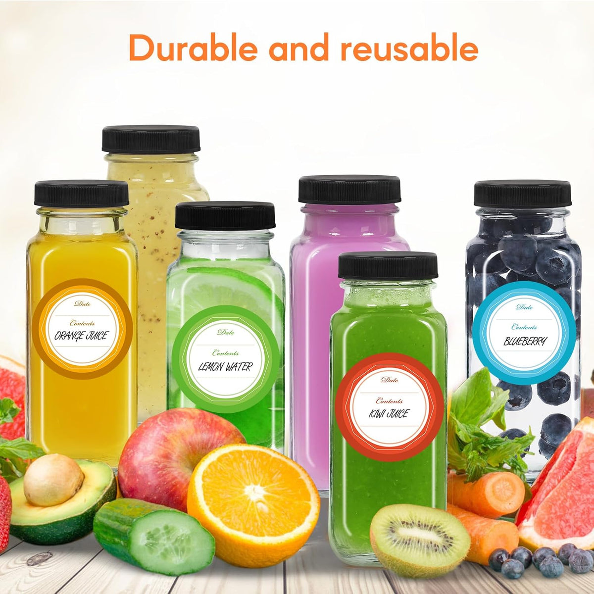 STARSIDE 8 oz 3 Pack Glass Juice Bottles with Lids - Square Reusable Drinking Jars for Juicing, Milk, Kombucha - Includes 1 Bottle Brush, 6 Colored Labels