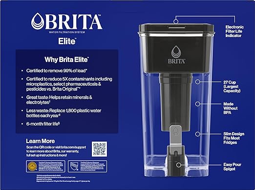 Brita 27 Cup Elite Filter Dispenser, Reduces 30+ Contaminants including Lead and Microplastics, Filter lasts 6 months, UltraMax, Black