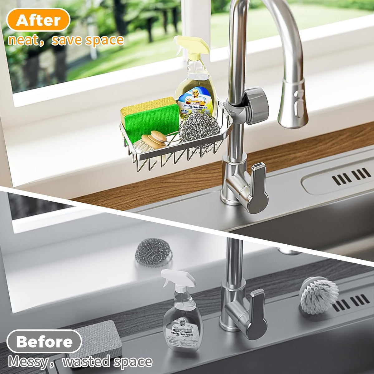LONIN Sponge Holder Over Faucet Kitchen Sink Caddy Organizer, Stainless Steel Detachable Hanging Faucet Drain Rack for Bathroom, Scrubbers, Soap
