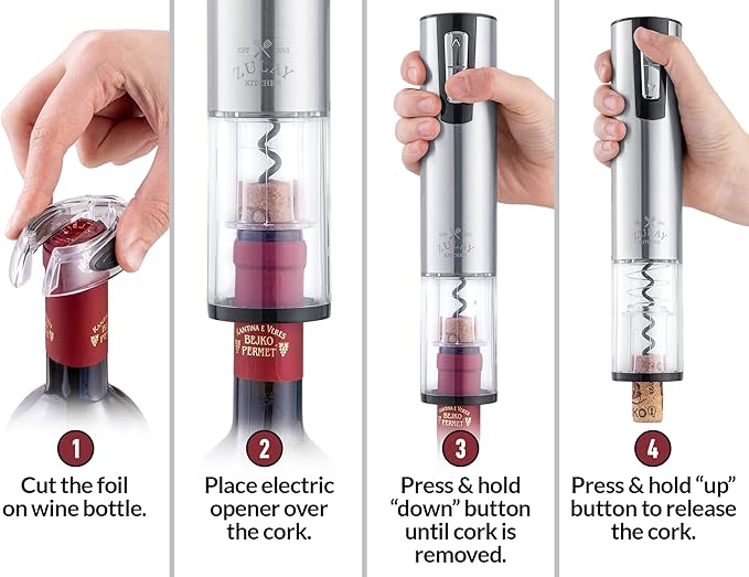 Zulay Kitchen Electric 3-in-1 Wine Bottle Opener Set – with Foil Cutter, USB Rechargeable Corkscrew, Automatic, Cordless, Sleek Stainless Steel Design for Home, Bar & Gifting, for Wine Lovers