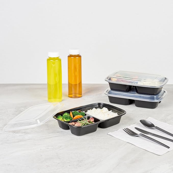 Restaurantware-Asporto 26 Ounce Compartment Take Out Boxes, 50 Microwavable Meal Prep Containers - 3 Compartments, With Clear Plastic Lids, Black Plastic Food Containers, Do Not Contain BPA