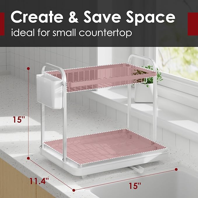 Sakugi 2-Tier Dish Drying Rack - Stainless Steel Dish Rack with Cutlery & Utensil Holders for Kitchen Counter, Sink Organization and Storage for Small Family, 15" W x 11.4" L x 15" H, Silver