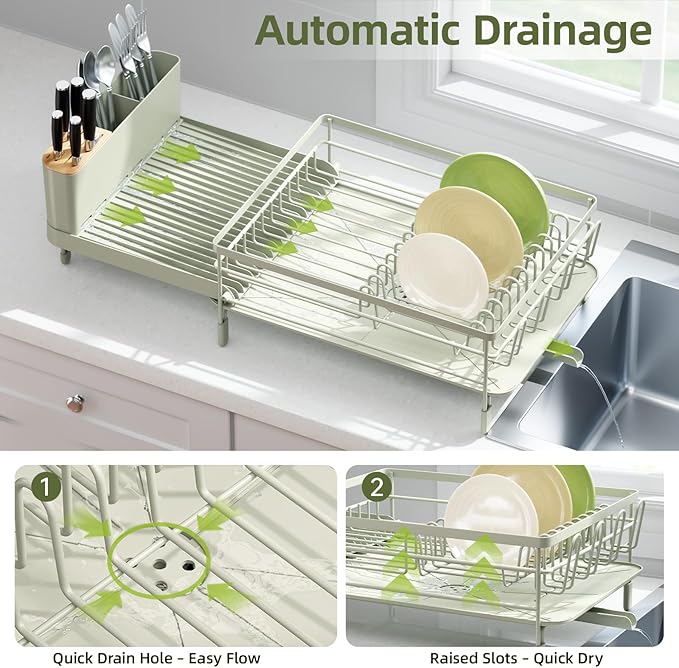 Urackify Large Dish Drying Rack, Expandable Dish Racks for Kitchen Counter, Multifunctional Dish Drainer with Utensil Holder & Cup Holder, 18.5"-26.7" L x 12.7" W, Soft Celery Green