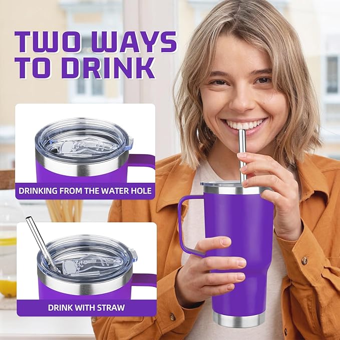 20oz Stainless Steel Insulated Handle Tumbler, Leak Proof Travel Mug with Lid and Straw, Keeps Hot/Cold for 8/12 Hours, Set of 4