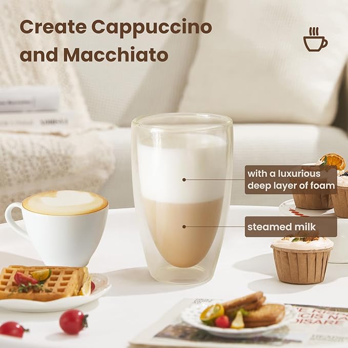 Milk Frother Warmer 3in1 Electric Milk Steamer Stainless Steel Foam Maker, 12oz Hot Cold Frothing, Thick Foam for Macchiatos, Cappuccinos (Black)