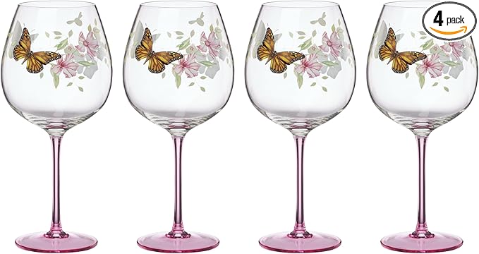 Lenox Glassware, Butterfly Meadow Pink Balloon Wine Glasses, Set of 4, Service For 4, Made From Glass, Dishwasher Safe, Drinking Glasses, Home And Kitchen, Glass Cups (Pink, 4 Pieces, 26 oz Capacity)