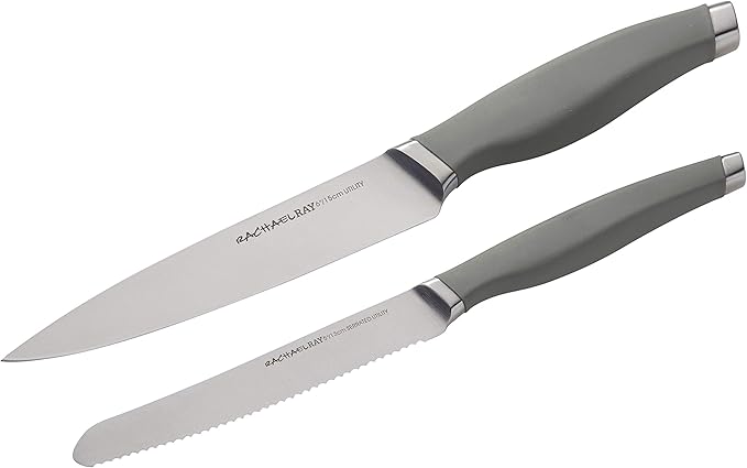 Rachael Ray Cutlery Japanese Stainless Steel Knives Set with Sheaths, 6-Inch Utility Knife and 5-Inch Serrated Utility Knife, Gray