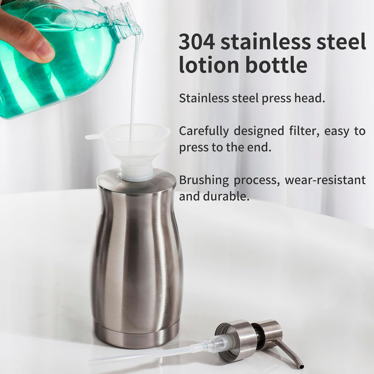 Brushed Stainless Steel Countertop Soap Dispenser Rust and Leak Resistant Hand Soap Pump with Funnel for Kitchen Countertops and Bathroom Dispensers (13.5 oz/400 ml)