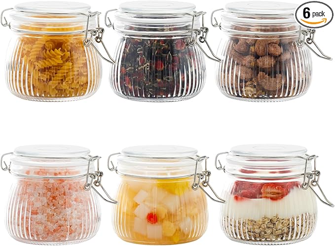 17oz Airtight Glass Jar with Lid, 6 Pack Clamp Lid Glass Storage Jars, Flip Top Food Storage Containers, Wide Mouth Thick Glass Jars for Yogurt Dessert Jam Sugar Snacks Pantry Kitchen Organization