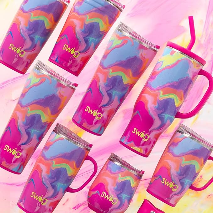 Swig Life 24oz Party Cup, Stackable Insulated Travel Coffee Tumbler with EZ Slider Lid, Cup Holder Friendly, Stainless Steel 24 oz Tumbler, Reusable Coffee Mug (Candy Crush)