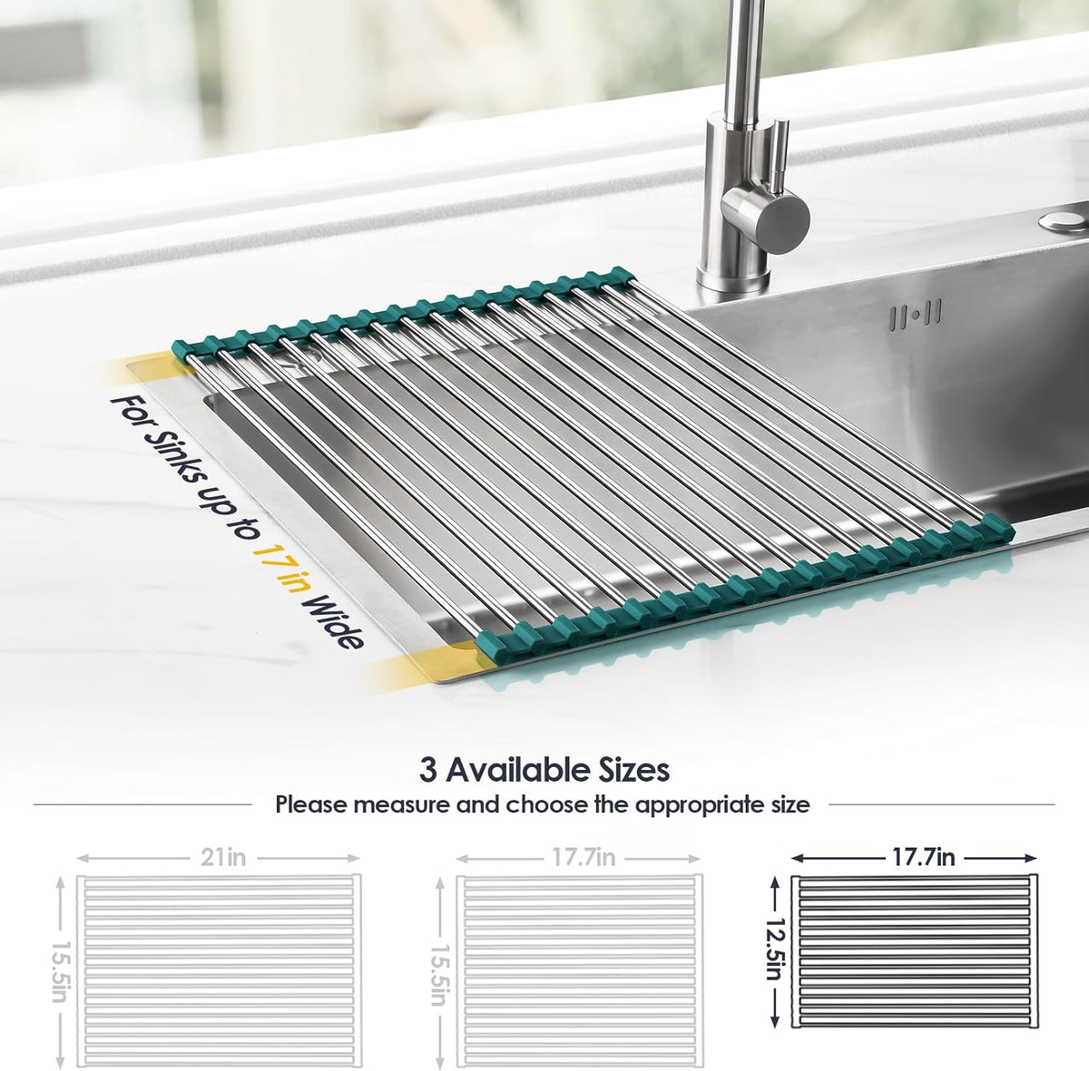 Tomorotec Stainless Steel Roll Up Dish Drying Rack, Foldable Over The Sink Rolling Drainer Rack, Multipurpose Kitchen Gadget Draining Caddy Organizer, Space Saving Sink Accessory Storage Shelf Holder