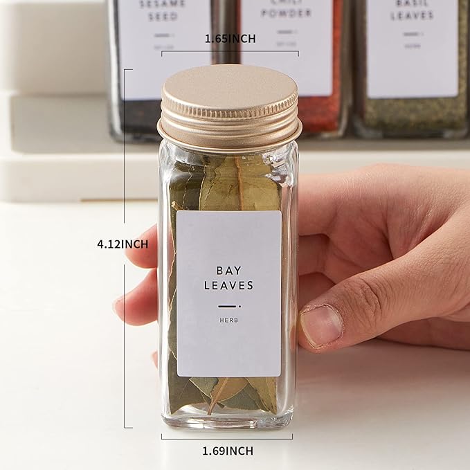 48 Pcs Spice Jars with Label- Glass Spice Jars with Gold Metal Caps,Shaker Lids, Funnel, Chalk Pen,Skiileor 4oz Seasoning Containers Bottles for Spice Rack, Cabinet, Drawer