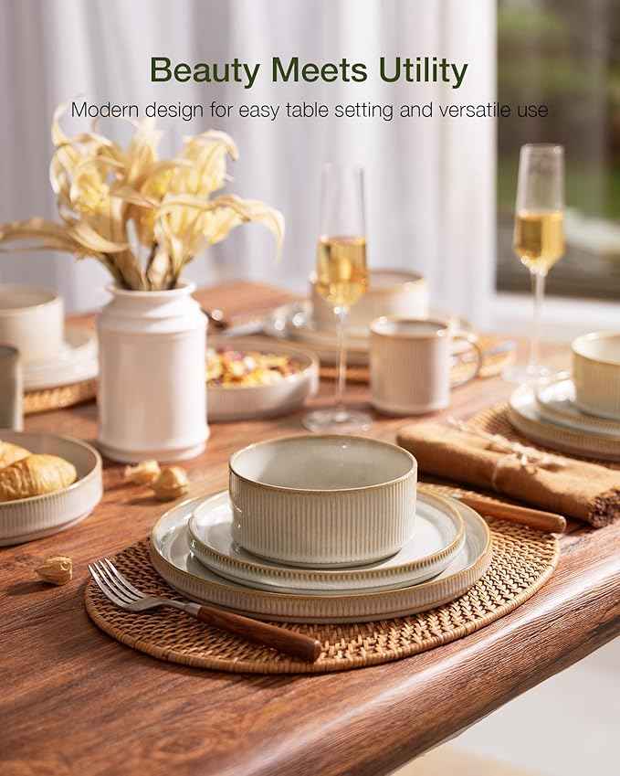 Famiware Star Dinnerware Set with Pasta Bowls, Service for 6 (24 Pieces), Ribbed Stoneware Plates and Double Bowls Sets - Chip & Scratch Resistant, Microwave & Dishwasher Safe Dishes, Cappuccino White