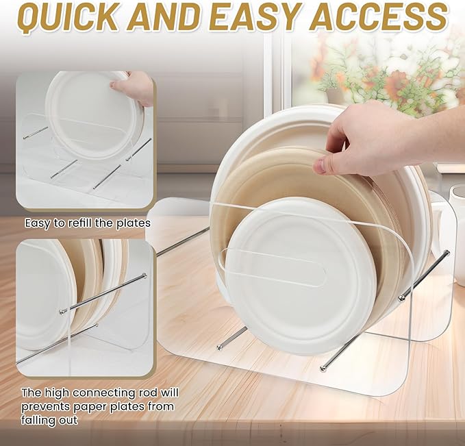 Paper Plate Dispenser, 7-12 Inch Disposable Plates Storage Organizer, Round Square Plastic Foam Paper Plate Acrylic Organizer for Cabinet, Countertop, RV or Outdoor Use (2)