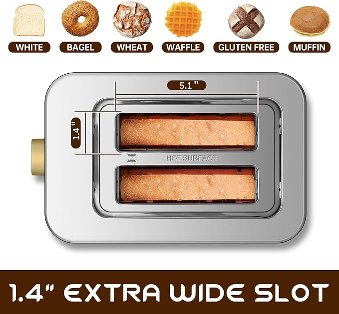 SEEDEEM Toaster 2 Slice, Touch Control Screen, Smart Stainless Toaster, 6 Shade Setting, 6 Bread Selection, Countdown, Removable Crumb Tray, 900W, Mint Green