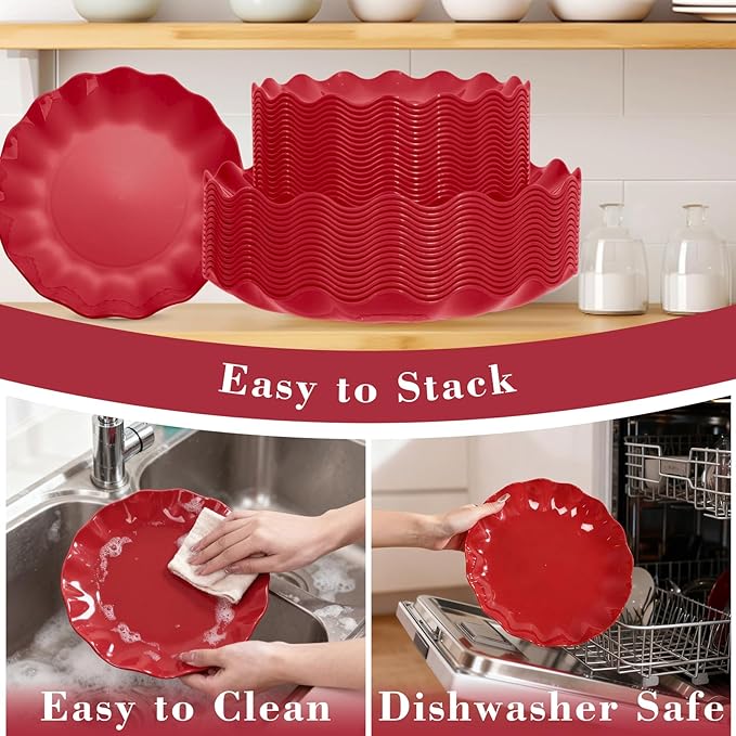 LIYH 50 Pcs Red Plastic Plates Reusable Christmas Plastic Plates Unbreakable Holiday Dinnerware Set Scalloped Plate for Christmas Day,Dishwasher Safe BPA Free (25Guests)