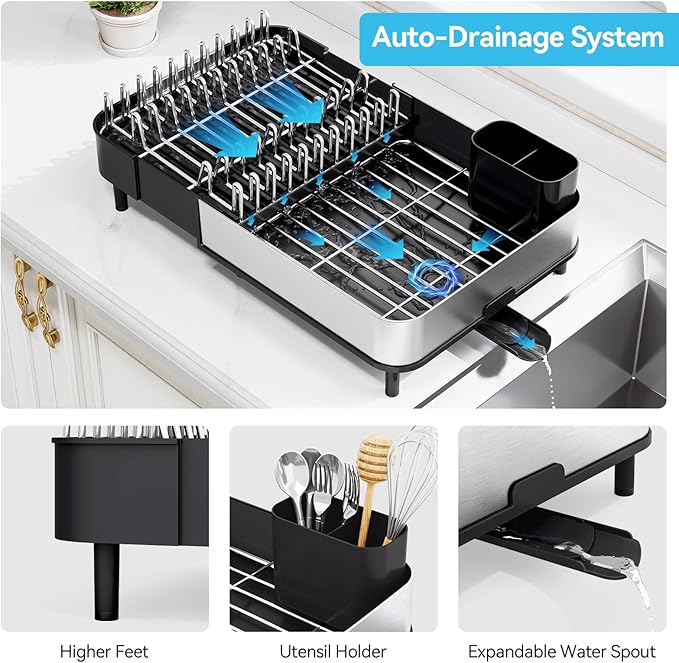 Urackify Dish Drying Rack, 304 Stainless Steel Dish Drainer with Removable Utensil Holder & Drain Board, Rustproof Space-Saving Dish Rack for Kitchen Countertop, Black