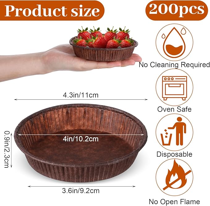 200PCS Paper Mini Tart Pans for Baking, Mini Pie Tins 4Inch Small Pie Pans, Non-stick, Disposable Quiche Baking Dish, Oven Safe, Microwave Safe