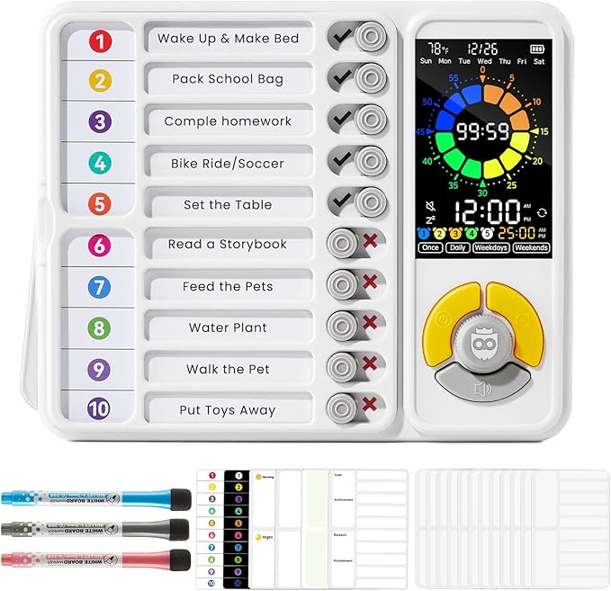 3-in-1 Visual Timer & ADHD Tool for Kids and Adults, 12/24H Silent Task Timer with Chore Chart, Daily Checklist with Pomodoro Timer, Alarm Clock - White