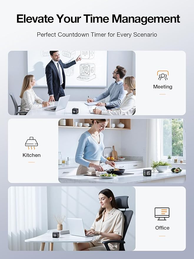 TK3 Pomodoro Timer Cube, Desk Productivity Timer with 5/10/30/60 Min Presets, Custom Countdown, Stopwatch, Clock, 3 Alarm, Silent, Vibrate & Sound Mode, for Task, ADHD, Study, Kitchen,Obsidian Black