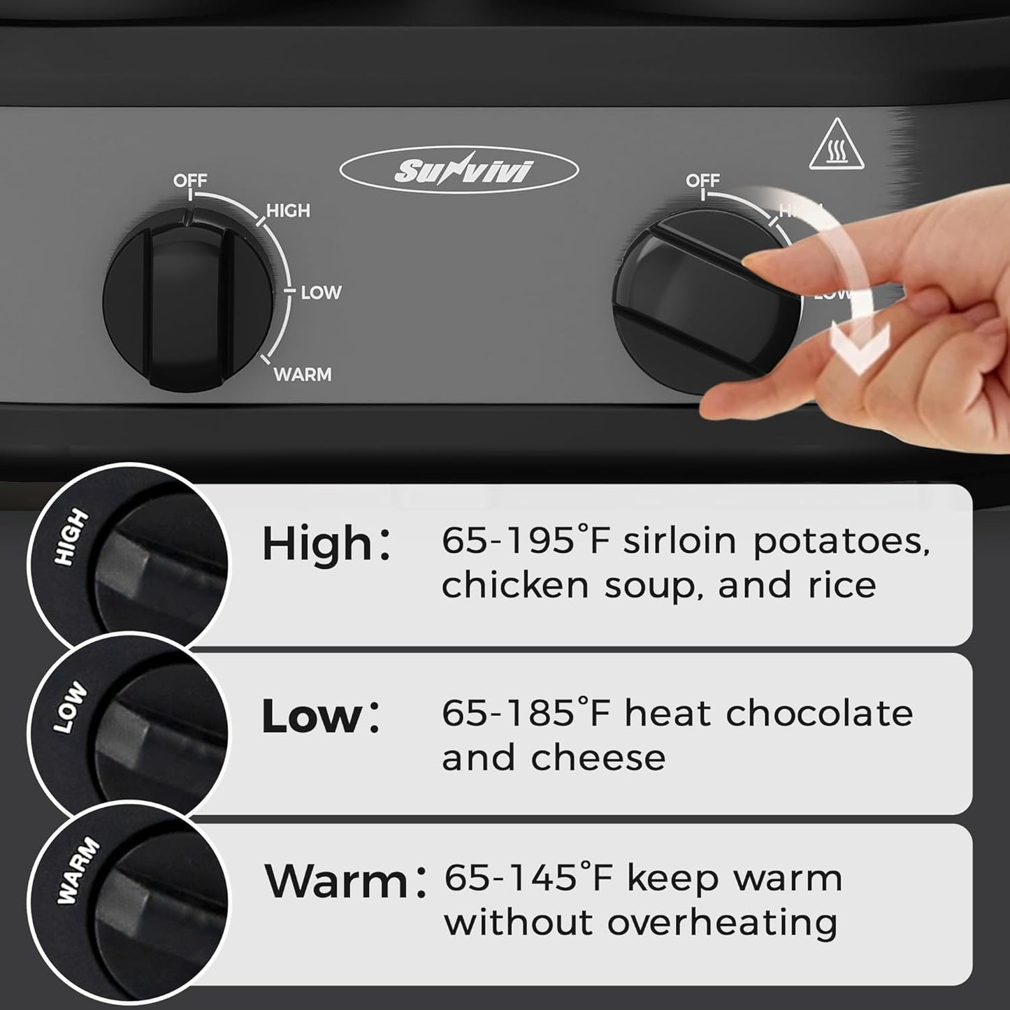 Sunvivi Dual Slow Cooker, Buffet Servers and Warmer with 2 Removable Ceramic Pots, Slow Cooker Food Warmer with Adjustable Temp & Glass Lids, Stainless Steel, 2 x 1.25 QT, Silver Grey