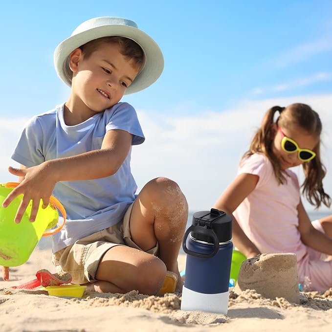 Volhoply 14oz KIds Stainless Steel Insulated Leakproof Water Bottle with Straw Lid and Silicone Boot,BPA-Free Easy Use for Boys&Girls,Double Wall Vacuum Bottles(Navy,1)