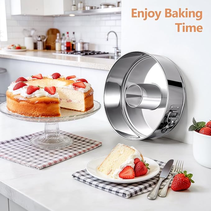 10-Inch Angel Food Cake Pan with Removable Bottom, 304 Food-Grade Stainless Steel Springform Tube Pan, Leak-Proof & Dishwasher Safe - Perfect for Angel food, Pound & Chiffon Cakes