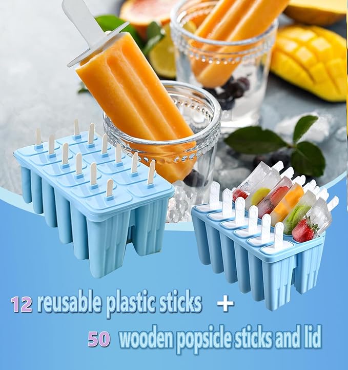 6 Silicone Popsicle Tube Molds Coloruful 12 Cavity Popsicle Molds with 50 Sticks Poosicle Maker Blue