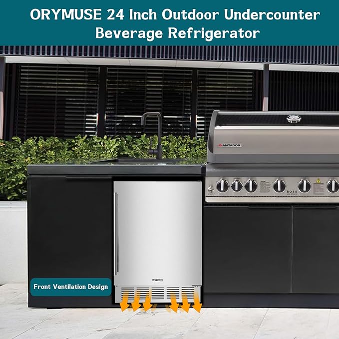 ORYMUSE 24" Outdoor Beverage Cooler Fridge - Undercounter Refrigerator, Stainless Steel Seamless Door - Holds 180 Cans, Powerful Cooling Compressor - Patio Kitchen, Commercial Use