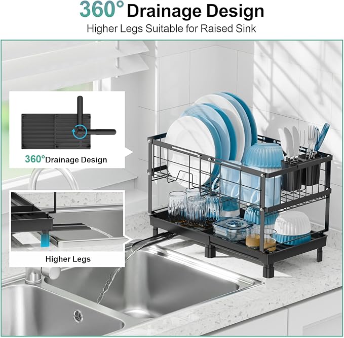 GSlife Large Dish Drying Rack - 2 Tier Dish Rack for Kitchen Counter, Expandable Capacity Dish Drainer Rack with Removable Cutlery Holder, 15.7''-20.7''L x 9.8" D x 13.4" H, Black