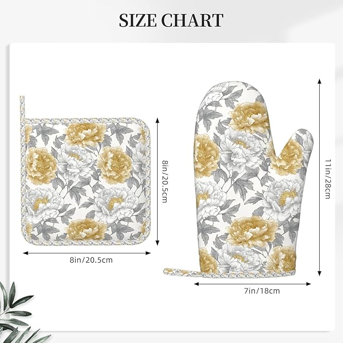 Oven Mitts and Pot Holders Vintage Flower Peony Floral Silicone Kitchen Accessories Set of 4 Heat Resistant Long Gloves Potholder Non-Slip Grip for Chef Cooking Baking Grilling BBQ