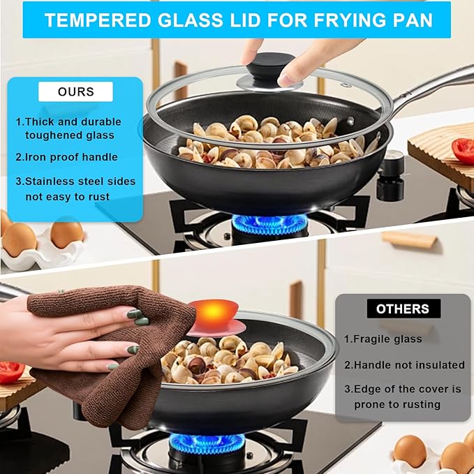 Glass Lid for Frying Pan Tempered Glass Pot Lid with Stainless Steel Rim for 12 Inch Frying Pan Wok Pot Skillet (12 Inch)