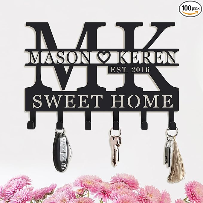 Personalized Wall Key Holder for Entryway, Custom Metal Key Hook for Front Door or Kitchen, Key Rack Wall Mount, Keychain Organizer, Gift for Mom, Home Decor, Coat or Bag Hanger
