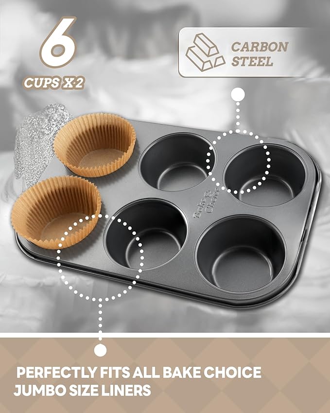Bake Choice 2 Pack Jumbo Muffin Pan for Baking, Extra Large Cupcake Pan includes 50 Natural Jumbo Cupcake Liners, Muffin Tin Nonstick 6 Cup, Baking Pans Set, Carbon Steel Baking Supplies