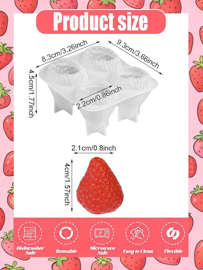 4 Cavity Strawberry Silicone Mold – 2 Pieces Big Strawberry Silicone Fruit Mold for Chocolate, Fondant, Candle, Resin & Cake Decor, 3D DIY Baking Tool for Parties & Gifts (Big Strawberries)