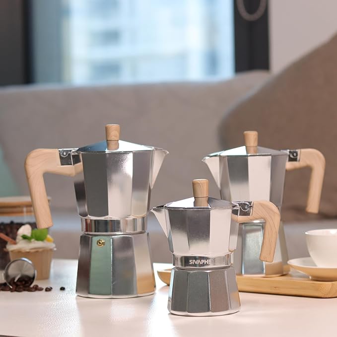 Sivaphe Aluminum Moka Pot 6 Espresso Cups, Percolator Espresso and Coffee Maker, Portable Stovetop Italian and Cuban Café Brewer for Home and Camping Sliver
