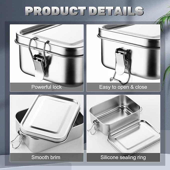 Umigy 4 Pcs Stainless Steel Food Containers Metal Bento Lunch Box Stainless Steel Food Storage Containers, Lockable Clips to Leak Proof, Reusable Dishwasher Snack Boxes for Work (850ml)