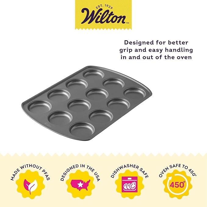 Wilton Perfect Results 12-Cavity Muffin Top Pan, Made without PFAS Non-Stick Bakeware, Scratch Resistant Baking Pan (Steel), the Must-Have Kitchen Essential. (Pack of 3)