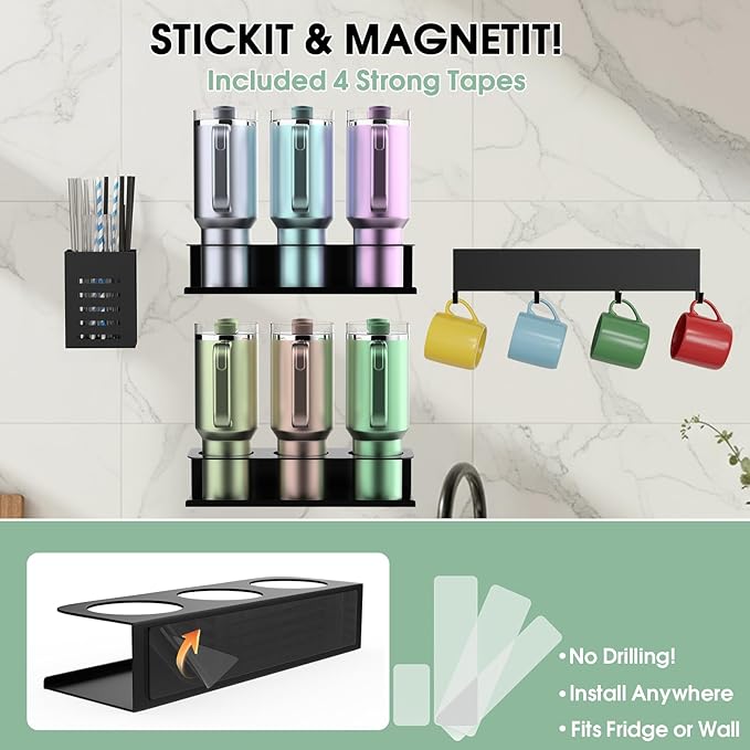 Magnetic Cup Holder for Refrigerator, Water Bottle Organizer for Stanley and Tumbler, Accessory with Lid Hook Straw Holder and Double Sided Tape for Kitchen Fridge Cabinet