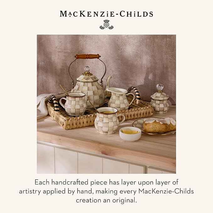 MACKENZIE-CHILDS Enamel Cake Carrier, Cake-Dish Serving Platter with Lid and Handles, Brown-and-White Mocha Check
