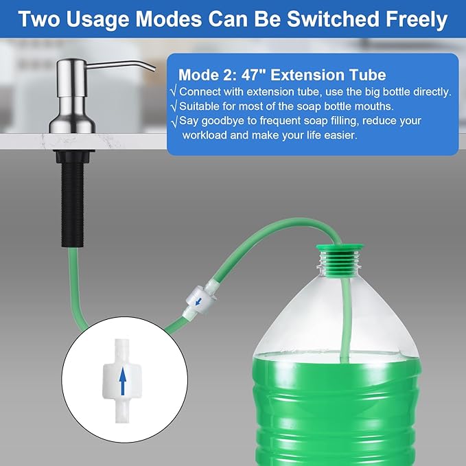 SonTiy Dish soap Dispenser for Kitchen Sink, Liquid Kitchen Hand soap Dispenser Pump Brushed Nickel, Stainless Steel Sink soap Dispenser Set with 47” Extension Tube kit and 17 oz Bottle