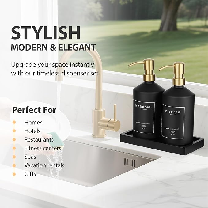 Black Glass Kitchen Hand and Dish Soap Dispenser Set, Bathroom Soap Dispenser Set with Tray and Stainless Steel Pump, Gold Kitchen Accessories (Black Bottle/Gold Pump)