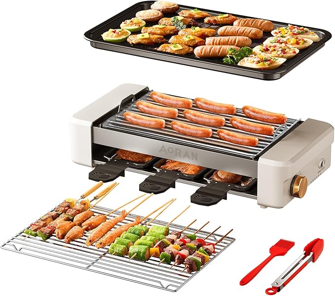 AORAN Electric Indoor Grill Smokeless, 800W Countertop Grill with Removable Non-Stick Cooking Plates & Hot Dog Rack, Easy to Clean, 13.4x8.3 Inch for BBQ, Panini, Meat, Vegetables