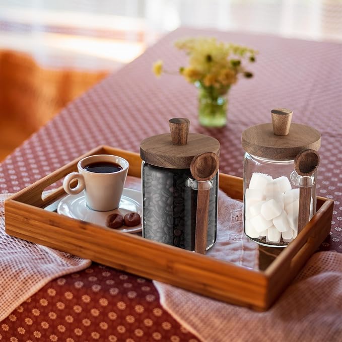 Remerry Set of 4 Glass Jar with Wooden Lid and Spoon, Clear Airtight Spice Canisters Glass Food Storage Kitchen Containers Set for Coffee Bean Tea Sugar (20 oz)