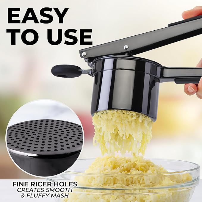 Zulay Kitchen Large 15oz Potato Ricer, Heavy Duty Stainless Steel Potato Masher and Ricer for Mashed Potatoes, Mashed Potato Masher & Potato Press Gadget for Perfect Mashed Potatoes - Metallic Black