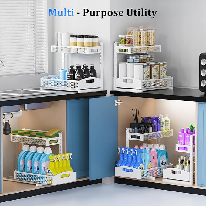 Petiza Metal Under Sink Organizer, Pull Out Cabinet Organizer Rack with Silk-Smooth Bottom Drawer, 5-Level Adjustable, Multi-Purpose Storage Shelf for Bathroom, Kitchen, Vanity, Pantry (2-Pack)