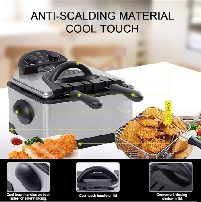 Secura 4 Liters / 17-Cup Stainless-Steel 1700-Watt Electric Deep Fryer with Timer Free Extra Odor Filter, Triple Basket, 4.5 Quarts, Silver