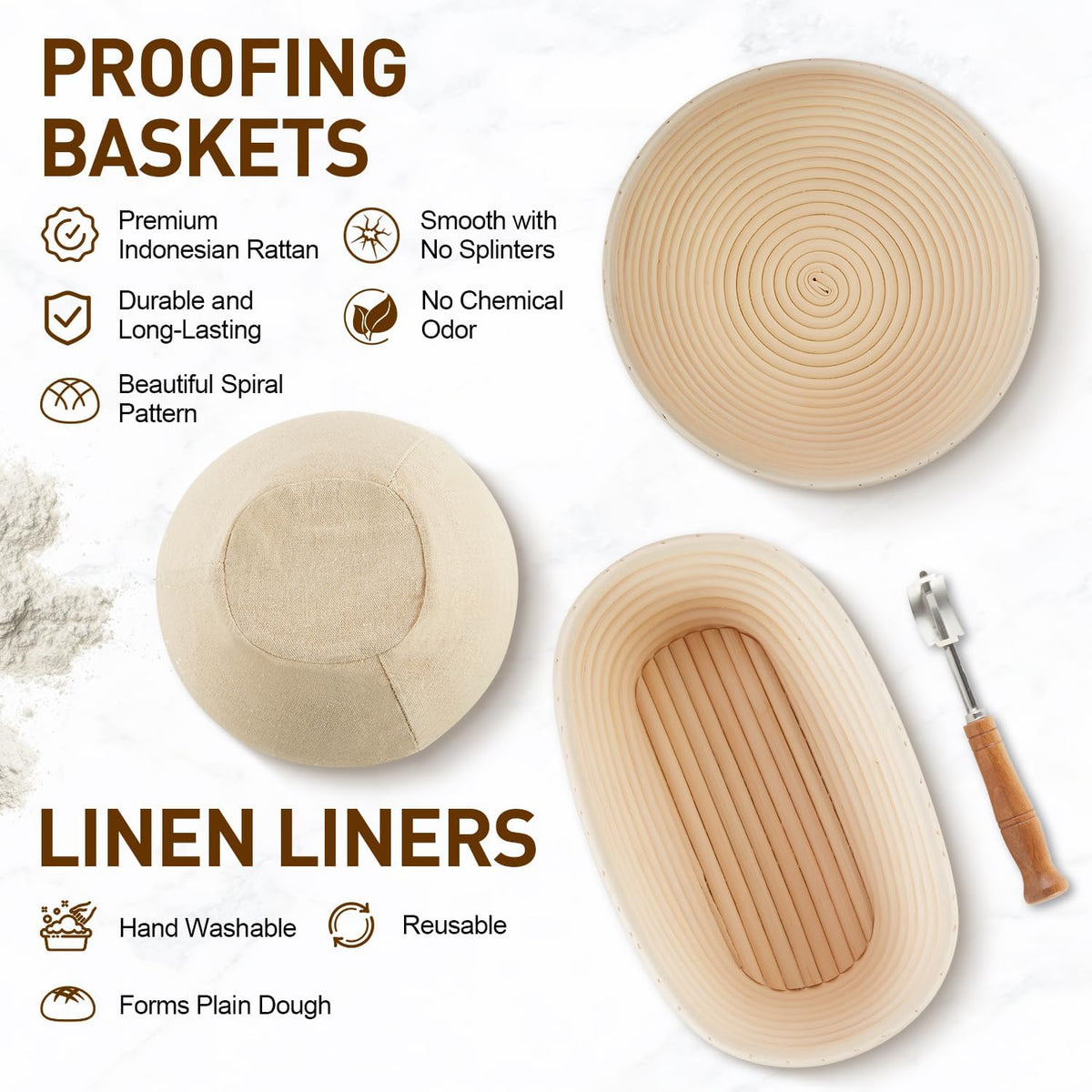 Banneton Bread Proofing Basket, Sourdough Starter Kit with 9" Round & 10" Oval Bread Proofing Basket, Bread Lame, Brushs, Spatula, Scraper, Dough Whisk, Flour Duster & Stencils