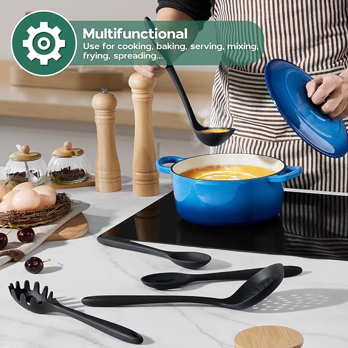 Onader Silicone Cooking Utensils Set, 10 Pieces Black Kitchen Utensils for Nonstick Cookware, Non Toxic & Dishwasher Safe